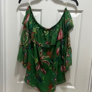 Emerald Green Ruffled Blouse with Pink Accents